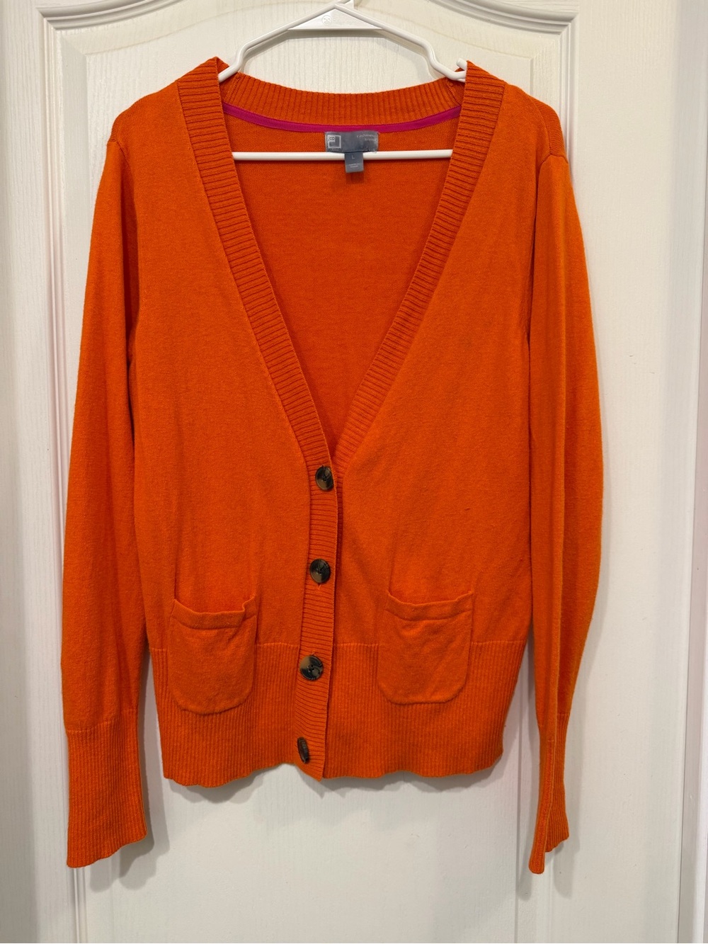 JCP Cashmere Blend Cardigan Women L Orange V Neck Button Pocket Sweater